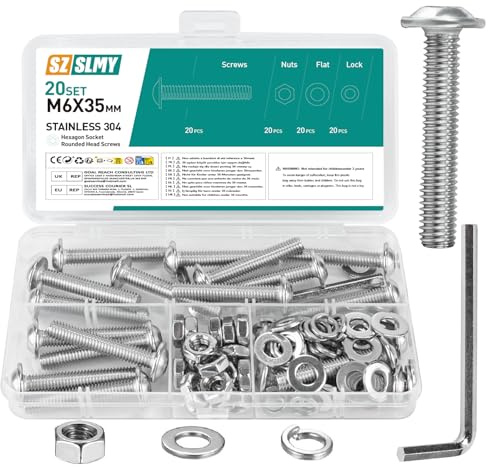 20 Set M6 Bolts Set, M6 x 35mm Flanged Button Head Screws, and Nuts Set, 304 Stainless Steel Allen Socket Bolts and Nuts Set, with 1 Hex Spanner Wrench