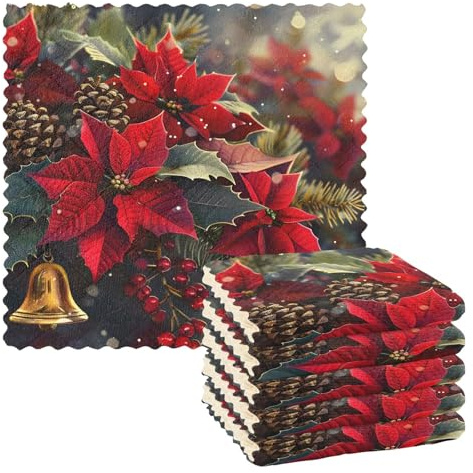 Mnsruu Microfibre Cleaning Cloths Poinsettia Bells Reusable Dish Cloths for Washing Up 6 Pack Swedish Dishcloth Microfibre Cleaning Towels Washable Duster Rags Cloth Home