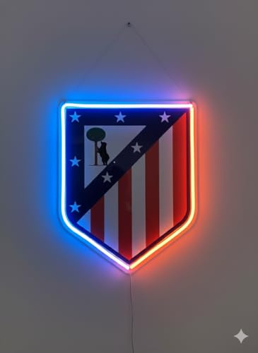 regalo escudo vinilo neon led metacrilato Atlético de Madrid LED Escudo Decorativo, Luz Neón Roja y Azul, Placa Iluminada para Pared, Decoración Deportiva futbol liga medidas 35-30 cm alimentacion 12