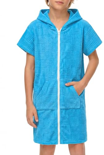 BesserBay Junge Schwimmen Strand Badeponcho mit Kapuze Taschen Reißverschluss Unisex Surf Poncho Blau Gestreift 140