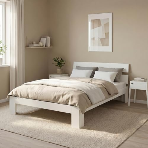 Bellamio Kavir Holzbett 140x200 cm – Massivholzbett mit Lattenrost – Bett aus Kiefer Massivholz in weiß lackiert – Bettgestell mit Bettkopf – Stabiler Bettrahmen bis 180 kg – geeignet als Doppelbett
