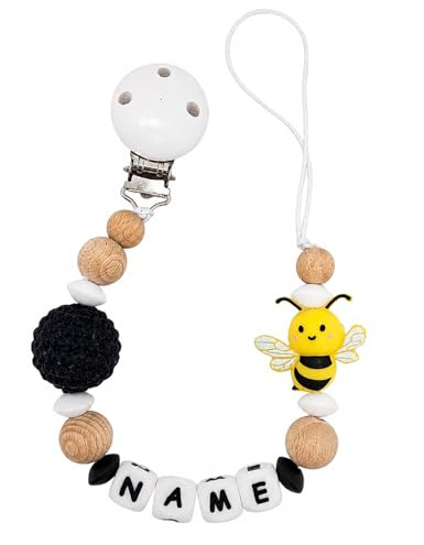 Personalisiertes Schnullerhalter Individuell gestaltetes Babygeschenk mit Namen für Mädchen oder Junge Baby Geschenk personalisiert zur Geburt & Taufe (Biene)