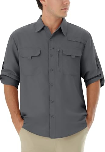 Autsel Mens Hiking Shirts Long Sleeve UPF 50+ Sun Protection Outdoor Shirts | Breathable quick dry button down shirt with pockets, designed for outdoor walking, fishing, golfing, travel and camping
