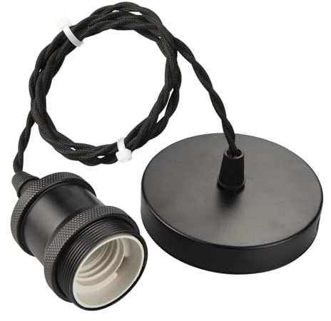 urcianow Black Vintage Ceiling Pendant Light Fitting, E27 | Screw Lamp Holder, 100cm Braided Flex Cable, Lock Ring, IP44 Waterproof, 1 Pack