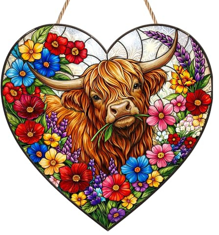 Highland Cow Suncatcher, Heart-Shaped Highland Cow Ornament, Acrylic Stained Glass Style Sun Catcher for Windows, Charming Hanging Decoration for Home, Garden and Balcony