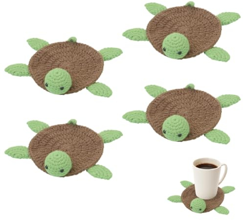 4 Stück Häkel Untersetzer Schildkröte, Handgefertigte Niedliche Tier Tassenuntersetzer Hitzebeständig für Tassen Gläser und Tischdeko für Zuhause Küche Büro