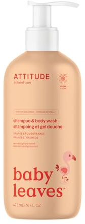 ATTITUDE Shampooing et Gel Douche 2-en-1 pour Bébé & Enfant, Certifié EWG Verified, Doux pour la Peau, Ingrédients d’Origine Naturelle, Végane, Parfum Orange & Grenade, 473 mL