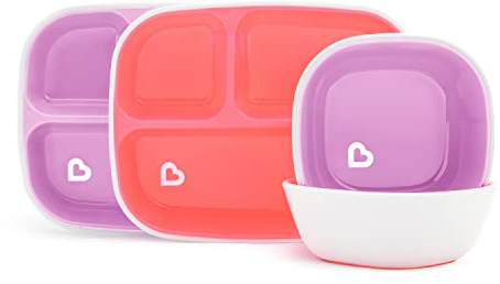 Munchkin Set de Comedor Splash de 4 Piezas para Niños, Set de Alimentación para Bebé con 2 Platos & 2 Tazones, Set para 6+ Meses, Libre de BPA, Rosa/Morado