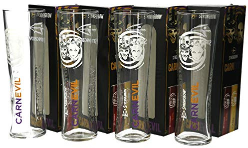 Bundle of 4X Strongbow Embossed Carnevil Halloween White Faced Themed Pint Glass Limited Halloween Edition Home Bar Pub Strongbow Pint Glasses CE 20oz...