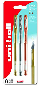 uni-ball Signo UM-120NM Metallic-Gelschreiber, 3 Stück, Blister Gold/Silber/Bronze, kunststofffreie Verpackung