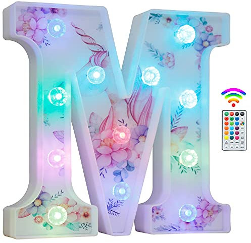 Unicorn Light Up Letters, LED Letter Lights 18 Color Changing Diamond Alphabet Sign Unicorn Gifts for Girls Women Party Birthday Decorations Remote Night Light Christmas Valentine Wall Table Decor - M