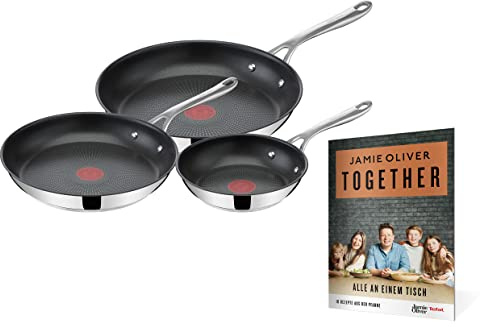 Tefal E304S3.TOG Jamie Oliver Cook's Direct On - Juego de sartenes de 3 Piezas + folleto con 10 Recetas, 20/24/28 cm, Apto para inducción, Apto para lavavajillas, señal térmica, Acero Inoxidable