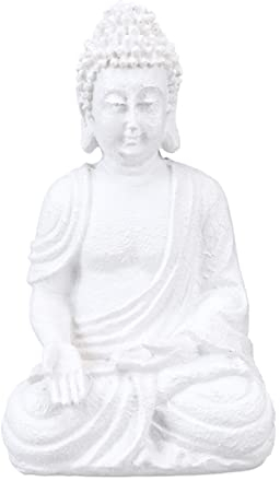 Relaxdays Figura Buda Sentado, 17,5 cm, Decoración Jardín, Resistente Intemperie y Heladas, Escultura Exterior, Blanco