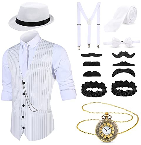 Blulu Accessoires Hommes des Années 1920 Costume de Vêtements de Gangster Gatsby Tenue de Cosplay d'Halloween avec Gilet Fedora Chapeau Montre de Poche Bretelles Cravate (L, Bande Noire Blanche)