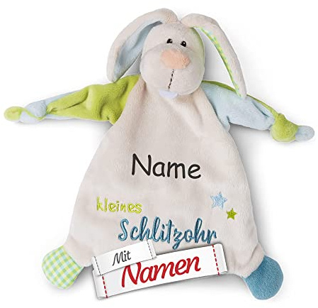 LALALO Hase Schmusetuch personalisiert mit Namen/Bestickt für Junge Mädchen, NICI Schnuffeltuch Kuscheltuch Stofftier als Spielzeug Geschenk-Idee zur Geburt, Taufe, Weihnachten (Kleines Schlitzohr)