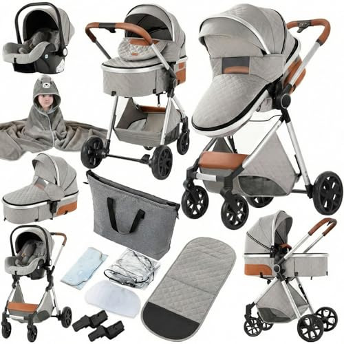 Prokoke Kinderwagen 3 in 1, Buggy mit Umkehrbarem Zwei-Wege-Schub, Kinderwagen Rahmen Aluminiumlegierung, Kombikinderwagen 3 in 1 Einem Klick Faltbar Baby Kleinkind Neugeborene (225 Light Grey)