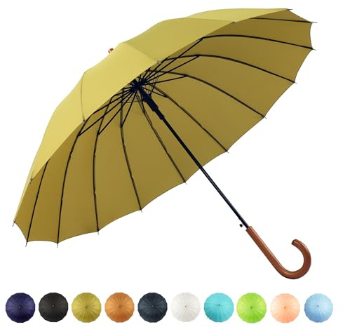 SoulRain 16 Ribs 48 Stick Umbrella Auto Open Solid Color Fashionable and Simple，Arc Classic Wood Handle，Windproof Unbreakable Stick Rain Umbrella (Matcha Green)…