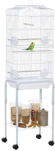 PawHut Jaula para Pájaros, Jaula Grande con Ruedas, Estante de Almacenaje, Puertas, 4 Comederos, 3 Perchas, Columpio, Bandeja Extraíble y Asa, para Loro, Canario, Periquito, 46,5x36x157 cm, Blanco