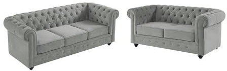 Vente-unique - Sofá 3 plazas + Sofá 2 plazas Chesterfield - Terciopelo - Gris Claro
