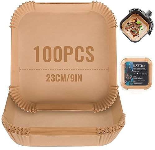 Carta per Friggitrice ad Aria 100 Pezzi, 23cm Quadrata Carta Forno Per Friggitrice Ad Aria, Antiaderente, Monouso Fodera in Carta Per Friggitrice ad Aria, Forno, Padelle, Microonde