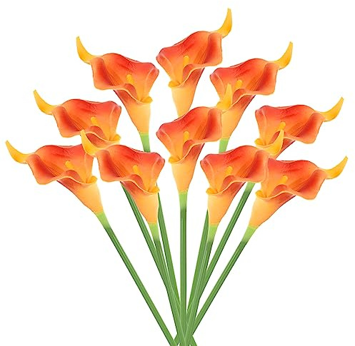 PATIKIL Ramo de flores artificiales de lirio de cala de 13 pulgadas, 10 tallos de flores permanentes de imitación para decoración del hogar, centro de mesa de boda, naranja y rojo