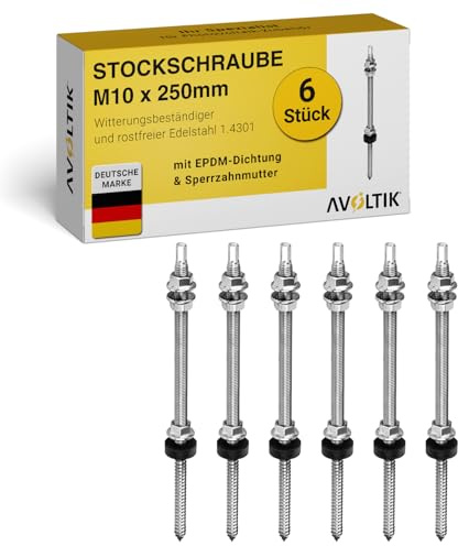 Avoltik Stockschrauben Edelstahl M10 x 250 mm ohne Adapterblech I 6 Stück I wetterfeste M10 Stockschrauben mit Dichtung & Sperrzahnmutter