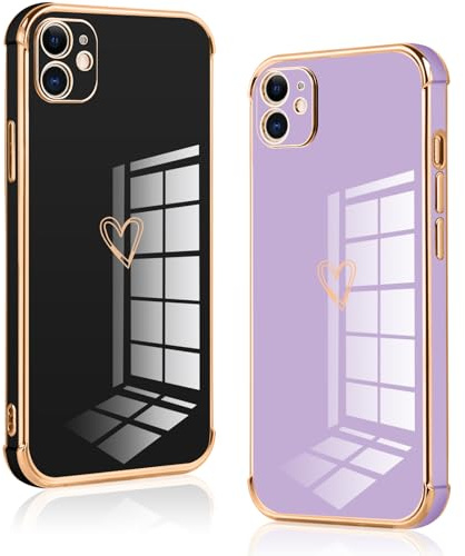 Vauki 2 Pezzi Cover per iPhone 12 Mini, Custodia con Motivo Cuore, Antiurto Ultra Silicone TPU Morbida Case con Protezione Della Fotocamera per iPhone 12 Mini, Nero e Viola