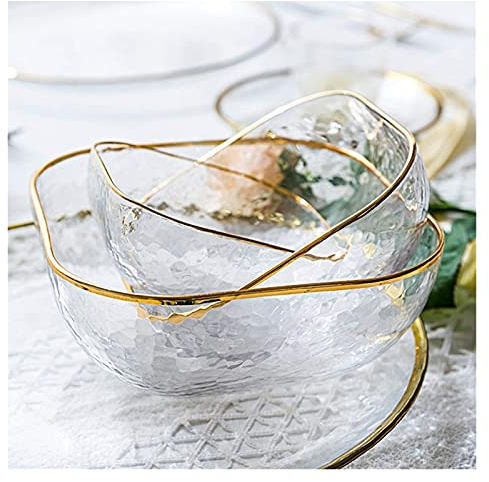 Frutero, Ensaladera, Cuencos de cristal con borde dorado nórdico, ensaladera de cristal transparente, plato de fruta, postre, cuenco cuadrado redondo, vajilla, cuencos de caramelo (color: 6,6 pulgadas