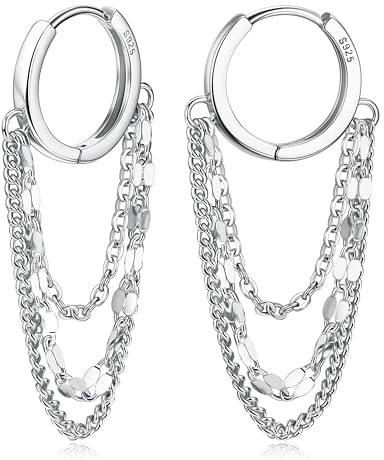 MILACOLATO Pendientes de Plata De Ley 925 Con Cadena Colgante Pendientes de Aro Para Mujer 14K Chapados en Oro Huggie Alto Pulido Hipoalergénico Pendiente De Aro Para Mujer Chica Plata