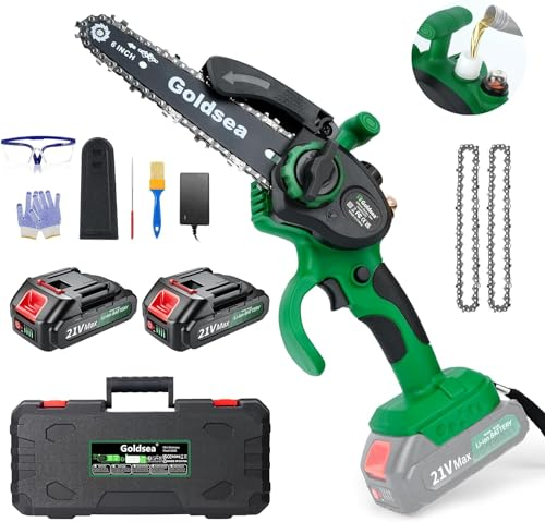 Mini Kettensäge mit Akku, Goldsea 6 Zoll Akku Kettensäge Automatischer Öler Werkzeuglose Kettenspannung mit Zwei Akku und Ladegerät Max 21V 2.0Ah Tragbar Elektrische Astschere Kleine Kettensäge
