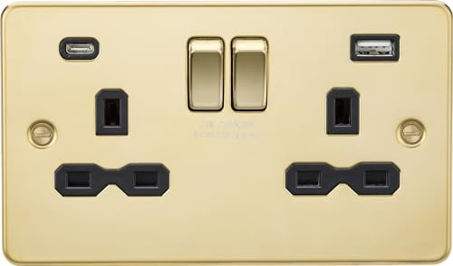 13A 2G SP Switched Socket with Dual USB A+C (5V DC 4.0A shared) - Polished Brass with Black Insert