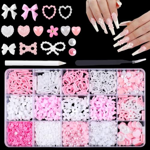 FineInno 3D Nail Art Charms,1 Box Manicure Kit with Multi Shapes,White and Pink Flatback Pearls Heart Flower Bows for DIY Nail Art Decor Jewelry Accessories Crafts,with Picker Tools Tweezer