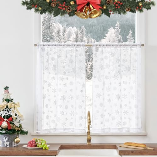 TOPICK Scheibengardinen modern Bistrogardinen 2er Set Küchenvorhang Küchengardinen Fenstergardinen, H60xB65 cm Küchenvorhänge Landhausstil Leinenoptik Wohnzimmer Durchsichtig Gardinen Kurz Weiß