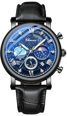 JewelryWe Men’s Sub-dials Leather Watch - Multifunctional Starry Sky Dial Luminous Quartz Calendar Waterproof Wristwatch
