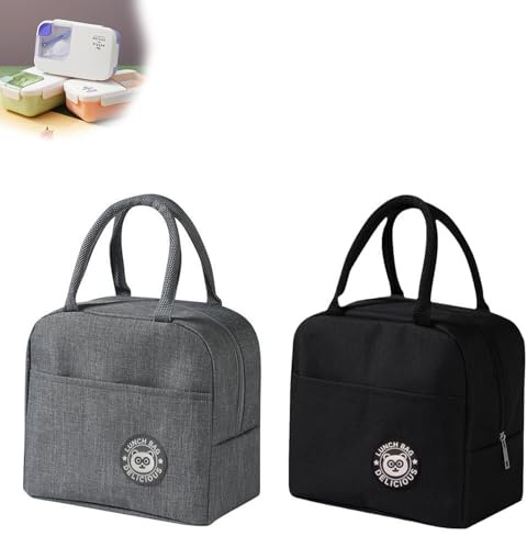 AMONENZ 2 Stück Lunch Bag, Schwarz und Grau Ragbarer Thermo Tasche, Faltbarer Lunchbox Tasche, mit Wärmeisolierender Aluminiumfolie, für Büro, Camping und Reisen