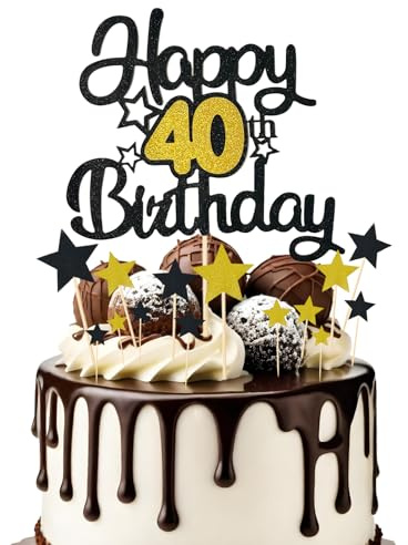 Bliceon Happy 40th Birthday Cake Topper, Black and Gold Glitter 40 Cake Topper with Stars, Personalised Birthday Decorations for Men Women, Anniversary Party, Cupcakes Supplies