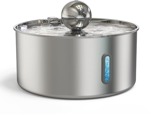 Edelstahl 7L Trinkbrunnen für Katze und Hunde，Edelstahl Hundebrunnen mit 5-Schicht Filtration und LED -Licht，Ultraleiser Pumpe mit Überlastschutz für große Hunde/Mehrere Katzen, mit 3 Filter