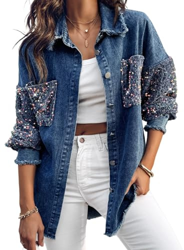 CHICME Womens Casual Denim Jacket Contrast Sequin Long Sleeve Rhinestone Denim Jackets-ldb-S