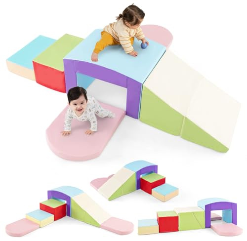Olakids Climbing Toys for Toddlers, 7 Pieces Indoor Baby Foam Blocks Soft Play Set with PU Leather, Kids Climb and Crawl Sliding Activity Structure Gym Playground Climber