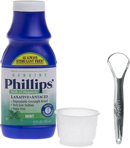 Wellness Set: Phillps Milk of Magnesia + LUXPAKS Tongue Scraper | Milk of Magnesia, Sugar-Free, Mint Flavor, Constipation Relief, Antacid, Tongue Scraper, Oral Care