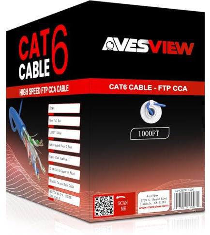 AvesView Plenum CAT 6 Ethernet Cable 1000ft Indoor Easy Pull Box 10Gbps Premium Quality CMP High-Speed Bulk CAT6 Cable 1000ft Shielded Copper Clad Aluminum (CCA) 23AWG 550MHz 1000FT CAT 6 Cable - Blue