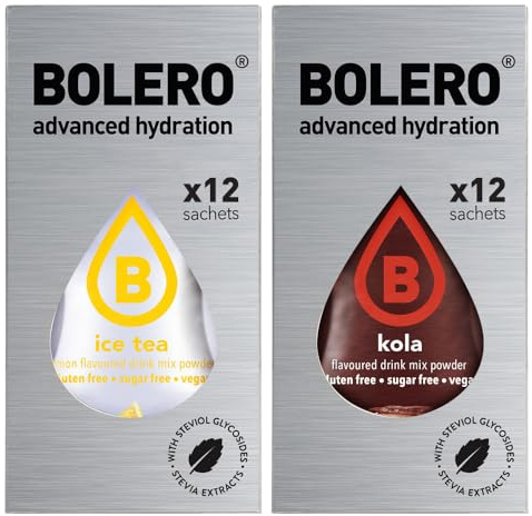SET 24 BOLERO bustine da 3 grammi 12 ice tea lemon limone + 12 Kola Preparato istantaneo per Bevande con Stevia e Vitamina C e Senza Zucchero