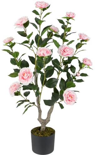 COSTWAY Camelia Plantas Artificiales Decorativas 90 cm, Planta Falsa con Flores en Maceta de Vivero, Árbol de Flores Artificiales de Decoración para Hogar Salón Porche (Rosa)