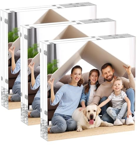 AITEE Acryl Bilderrahmen 10x10cm: 3er Pack Doppelseitige Fotorahmen | 4x4 Zoll, rahmenlos, 20 % dickerer Acrylblock, transparenter freistehender magnetischer Bilderrahmen für Schreibtisch