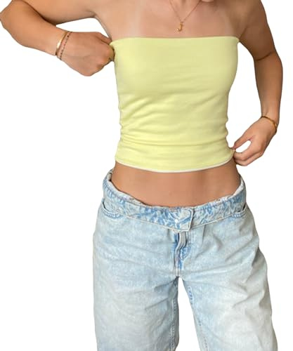 LYSINK Women Strapless Striped Bandeau Tube Tops Tight Fitted Off Shoulder Backless Crop Tops for Summer Going Out (Ba Yellow, M)