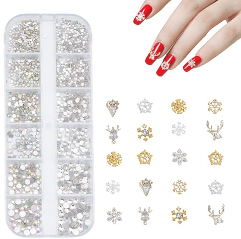 NICENEEDED Strass pour Nail Art de Noël Breloques pour Ongles en Forme de Renne et de Flocon de Neige Accessoires de Luxe pour Ongles Bijoux pour Ongles pour Femmes Design D'Ongles DIY