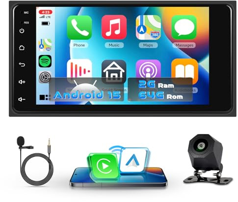 VECHTEL Bilradio 2G+64G Android 15 för Toyota Hilux RAV4 Corolla Prado Land Cruiser, 7-tums IPS HD 2.5D pekskärm med Carplay Android Auto trådlös GPS Wi-Fi USB Bluetooth FM RDS radiokamera