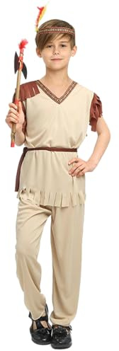 Kreeqe Auffälliges Last-Minute-Kostüm im Stil der amerikanischen Ureinwohner, Indianerkrieger-Outfit für Erwachsene, farbenfroh und einfach für Halloween-Partys (beige, Herren, Größe L)
