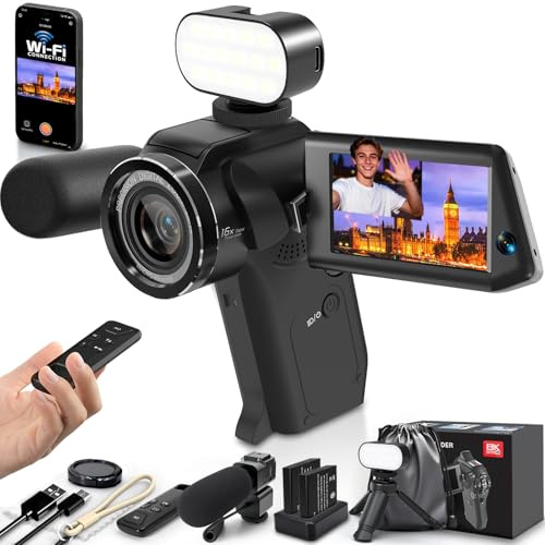 novzzovaz 8K Video Camera 75MP Camcorder with WiFi Dual Lens Vlogging Camera for YouTube Rotation Screen Video Recorder with Microphone, Fill Light, Remote Control, mini Tripod, 2 Batteries, Charger