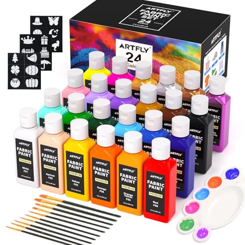 ARTFLY Pittura per Tessuti, 24 Colori x 60 ml, Set di Pittura Permanente per Tessuti Morbidi per Vestiti, Pitture Tessili Atossiche e Impermeabili per Magliette, Scarpe, Jeans, Borse, Fai da te